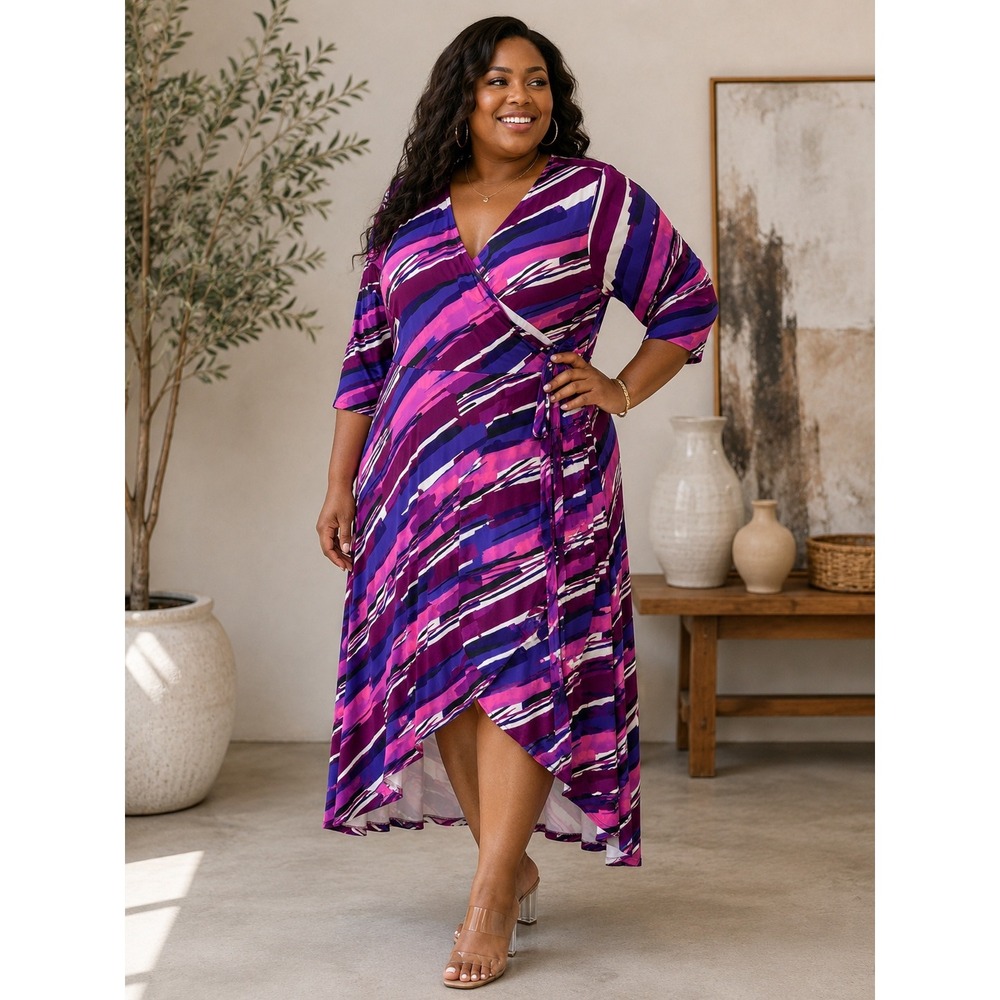 Catherines Maxi Dress Purple Abstract Print Faux Wrap High Low 1X